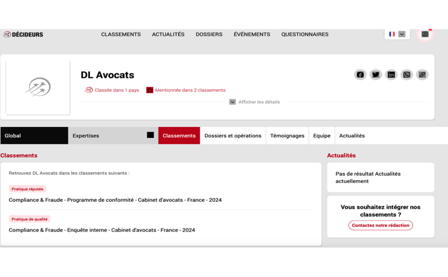 DL AVOCATS RECOGNIZED AS A "REPUTABLE PRACTICE" IN "COMPLIANCE & FRAUD - COMPLIANCE PROGRAM" AND "QUALITY PRACTICE" IN "COMPLIANCE & FRAUD - INTERNAL INVESTIGATIONS" IN THE LATEST 2024 RANKING OF DÉCIDEURS JURIDIQUES / LEADERS LEAGUE